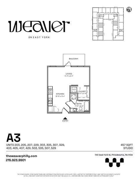 Studio Floor Plan A3 at The Weaver, Philadelphia, 19125